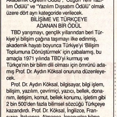 “Bilişimin Babası” Adına Özel Ödül – TÜNAYDIN GAZETESİ