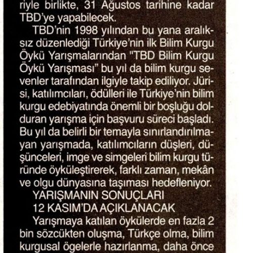 `TBD Bilim Kurgu Öykü Yarışması 20 Yaşında – BİZİM ANADOLU GAZETESİ