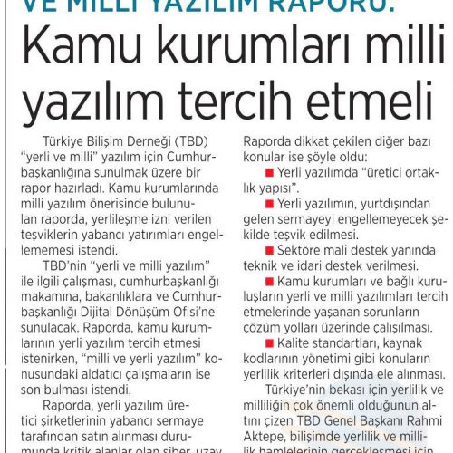 Kamu Kurumları Milli Yazılım Tercih Etmeli – MİLLİYET GAZETESİ