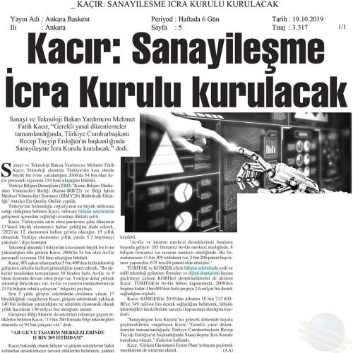 KACIR: Sanayileşme İcra Kurulu Kurulacak – ANKARA BAŞKENT