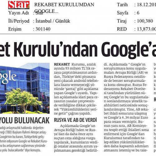 Rekabet Kurulu’ndan Google’a Uyarı – STAR