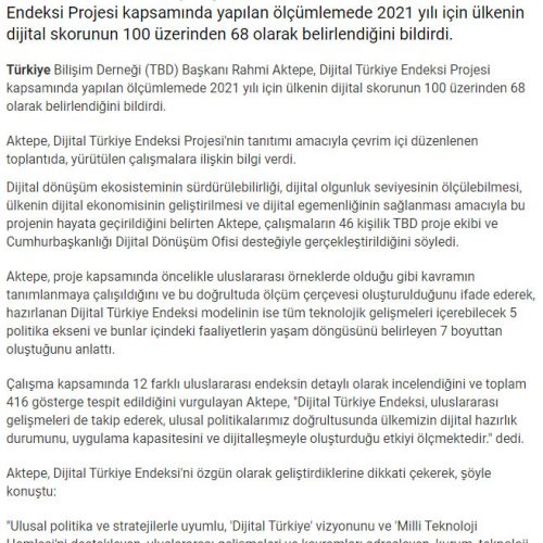 Türkiye Bilişim Derneği Başkanı Aktepe: “2021 yılı için Dijital Türkiye’nin skoru 100 üzerinden 68” – SON DAKİKA